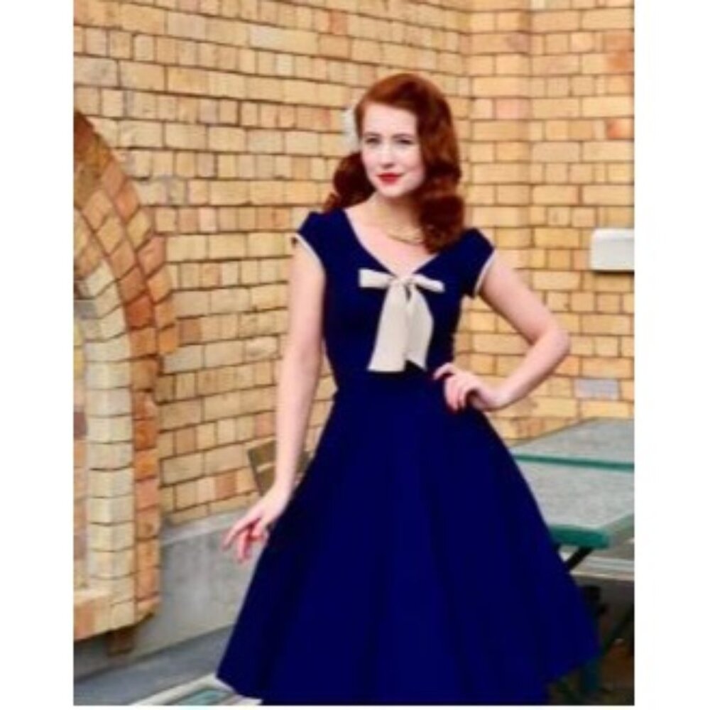 Stop Staring 3X Navy Blue Tan Belinda Swing Dress Bow Vintage Inspired Plus Size